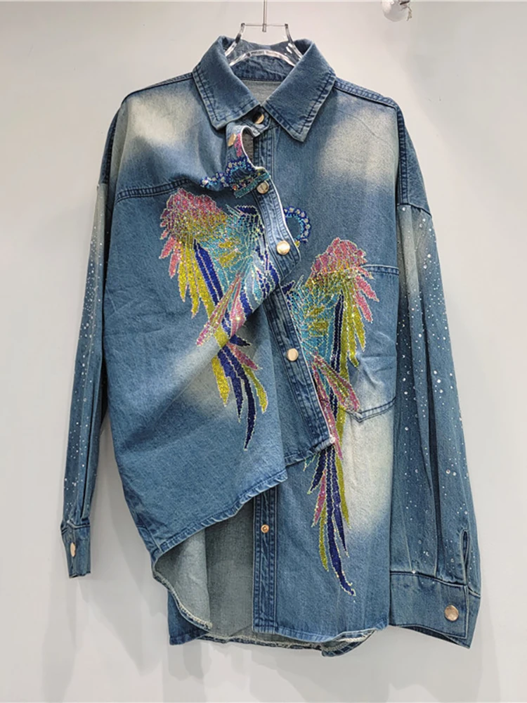 Женские джинсовые рубашки DEAT цветная блузка с длинными рукавами и стразами