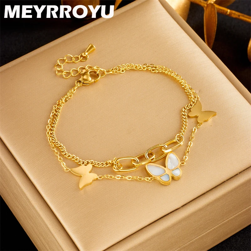

MEYRROYU 316 Stainless Steel Golden Butterfly Pendant Double Chain Bracelet For Women New Arrival Jewelry Gift Bijoux Accessory