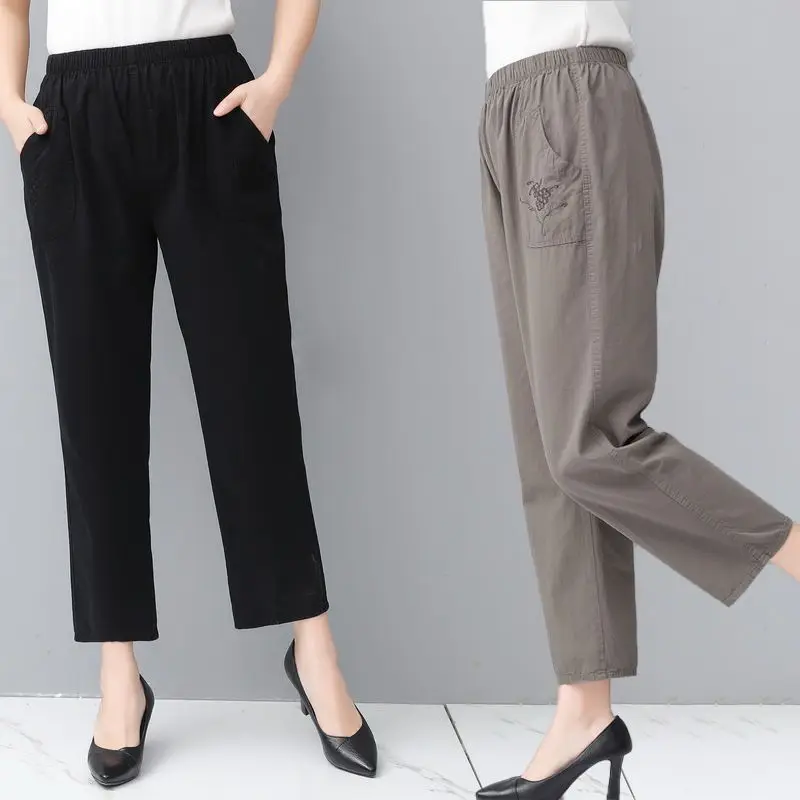 

Middle Aged Women Spring Summer Fashion Loose Mother Casual Straight Pants Femal Elegant Elastic High Waist Thin Trousers Q227