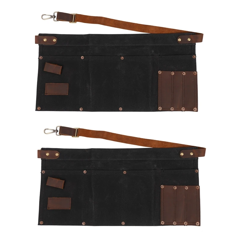 

2X For Women Real Leather Canvas Half Apron Pocket Waitress Teacher Vendor Utility Server Cosmetic Apron Black
