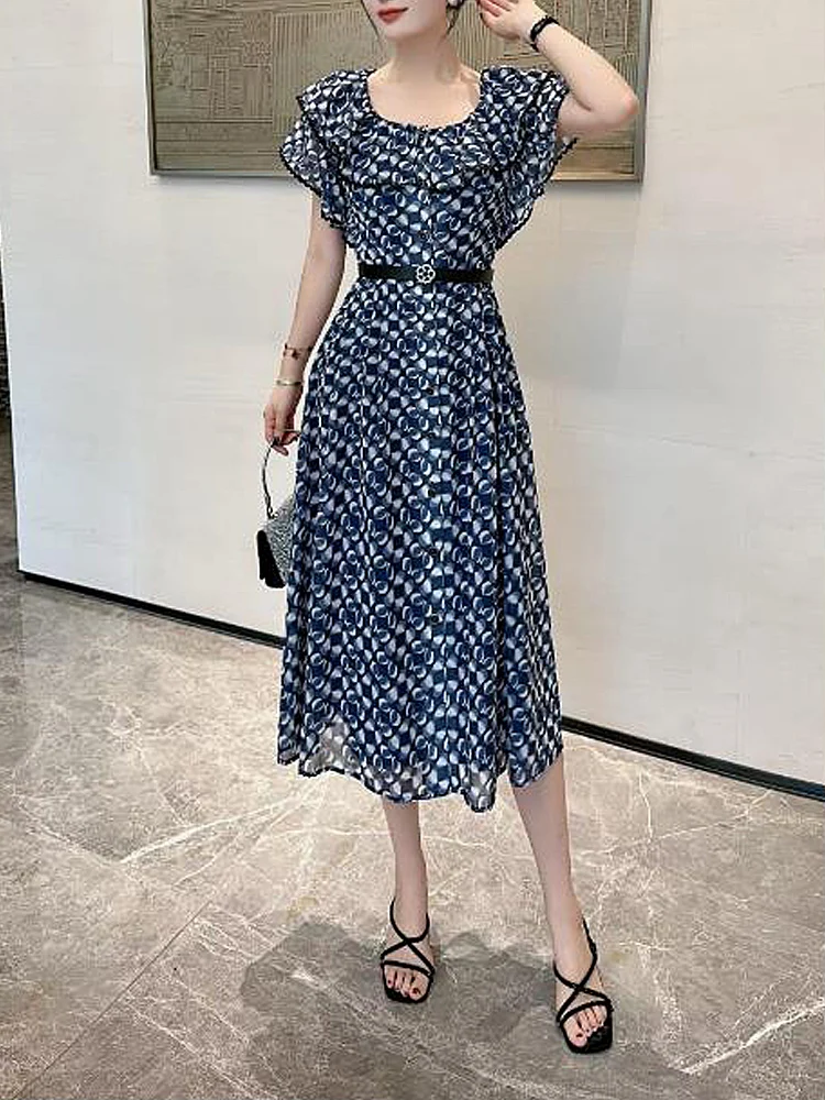 Dresses Summer New High Quality Female Fashion Printed Bohemian Green Blue Party Elegant Casual Celebrity Runway Slim Midi Dress