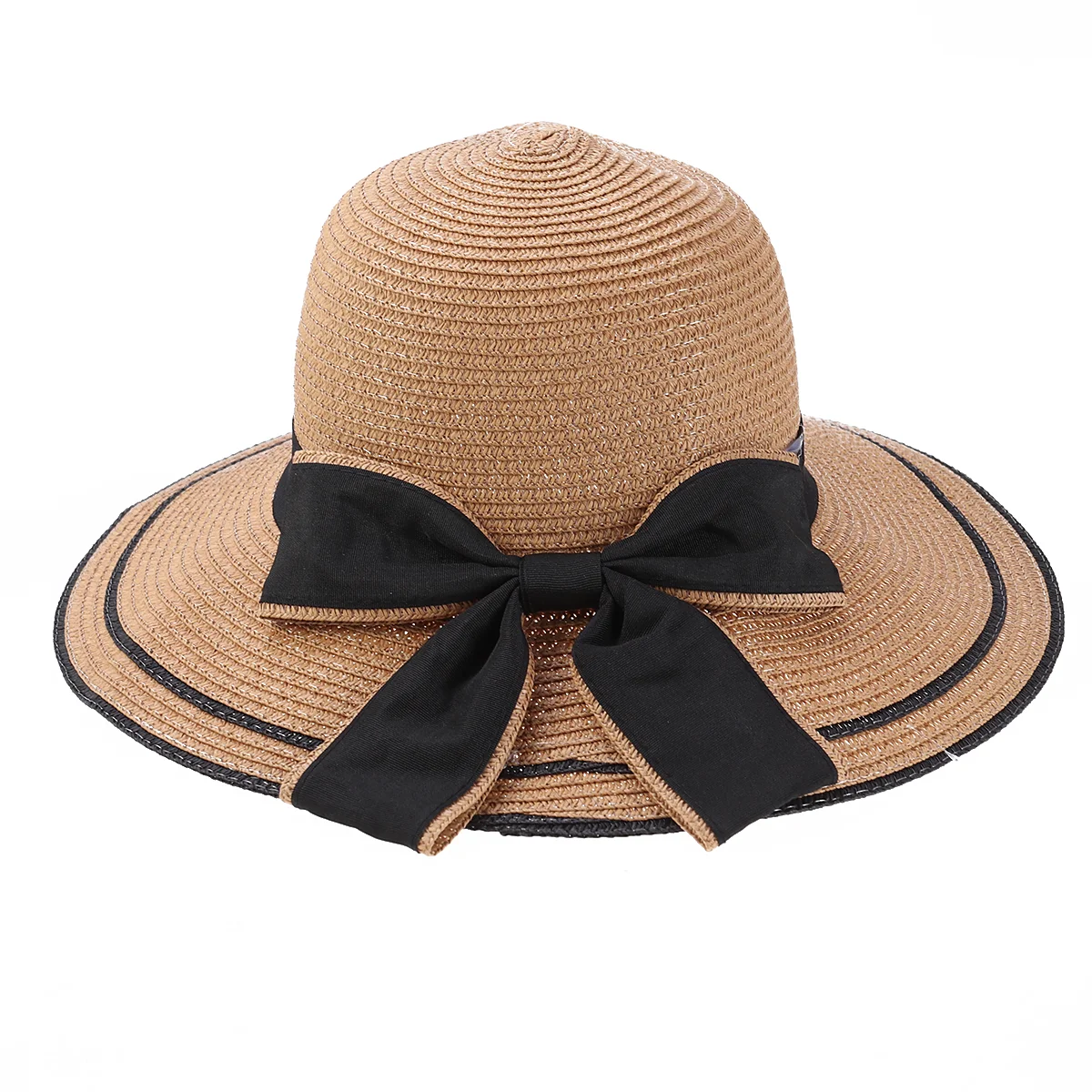 

Free Size Outdoor Foldable Sun Straw Hat Beautiful Bowknot Sun Block Wide Brim for Woman Beach Travel Seaside (Black Bowknot,