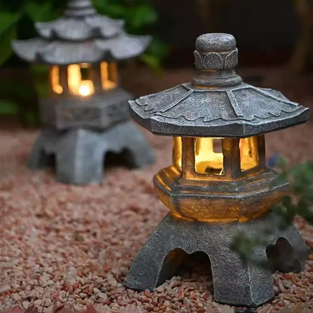 Craft Zen Ornaments Solar Powered Garden Accessories Stone Pagoda Lantern Tower Statue Solar Lamp Palace Lanterns
