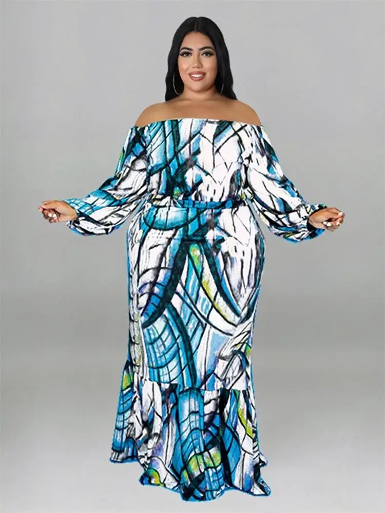 Clothing for Women Plus Size Two Piece Dress Set Long Sleeve Off The Shoulder Top Sexy Large Size Suit Wholesale Dropshipping