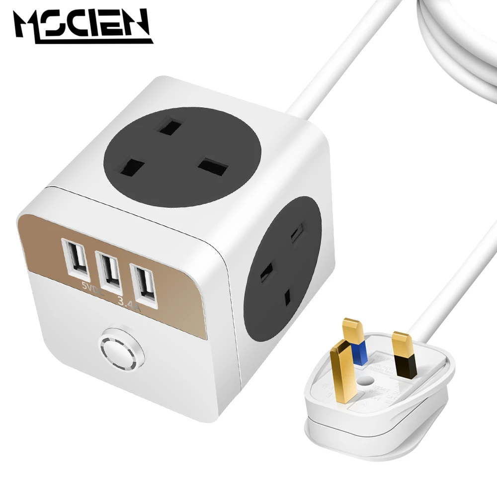 

MSCIEN USB Ports Power Strip UK Plug With Switch Extension Socket 2M Cable Home Wall Adapter 4 AC Outlets Overload Protection