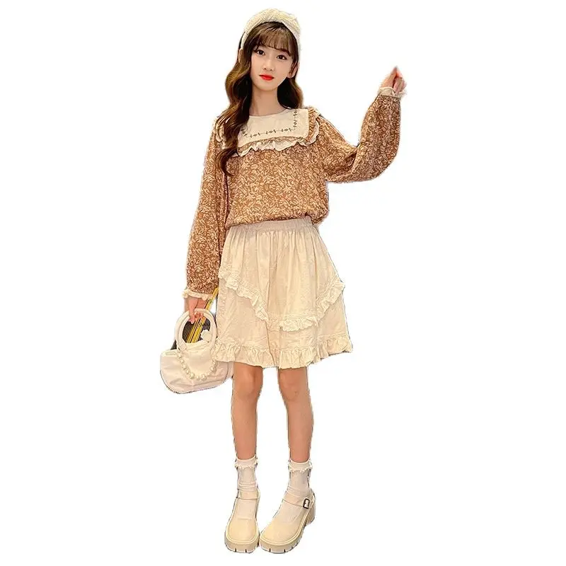 

Girls Fashion Suits Autumn New Kids Clothes Spring Long Sleeve Floral Shirt + Frill Skirt 2pcs Teenager Clothing Outfits 4-14 Y