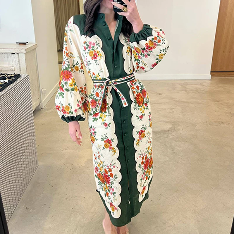 

Vintage Print Lace-up Long Dress Elegant Women O Neck Bohe Party Dress Spring Casual Long Sleeve Single Breasted Shirt Dresses