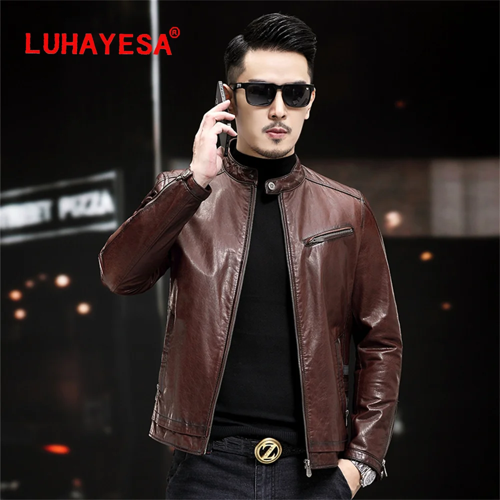 

LUHAYESA New Goat Skin Leather Jacket Men Brown Slim Autumn Genuine Leather Clothing 100% Guaranteed Real Leather Outerwear