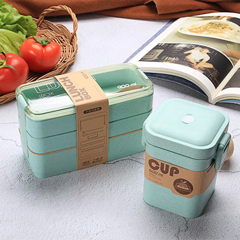 3 Layer Wheat Straw Lunch Box with Bag Japanese Microwave Bento Box with Fork Spoon Food Container for Student Office Staff