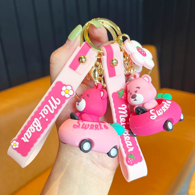 

Strawberry Bear Car Key Chain Creative Couple Car Keychains Pendant Female Bag Pendant Cartoon Key Ring Key Chains for Women