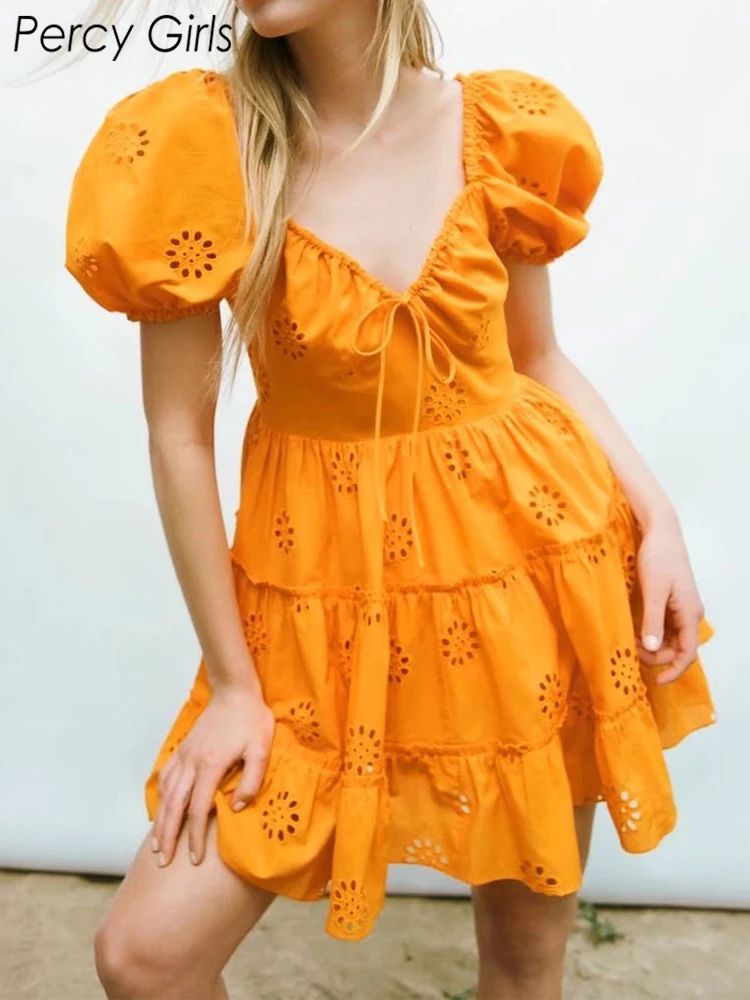 

2022 ZA New Summer Sweet Style Fashion Embroidery Bow Tie Mini Dress Women Young Chic Hollow Out Elastic Waist Dresses Female