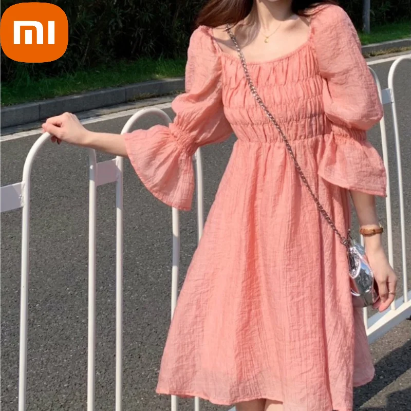 

Летнее розовое Элегантное повседневное платье XIAOMI, женское корейское милое платье с пышными рукавами и высокой талией, женское облегающее ...
