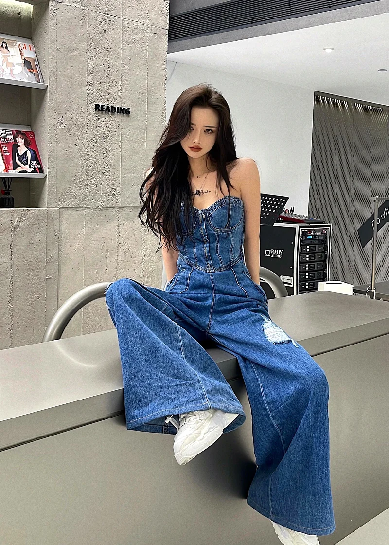 Korean Style Denim Jumpsuit Slim Waist Tube top one piece Wide Leg Pants Sexy Strapless Long Overalls Side Zipper Rompers images - 6