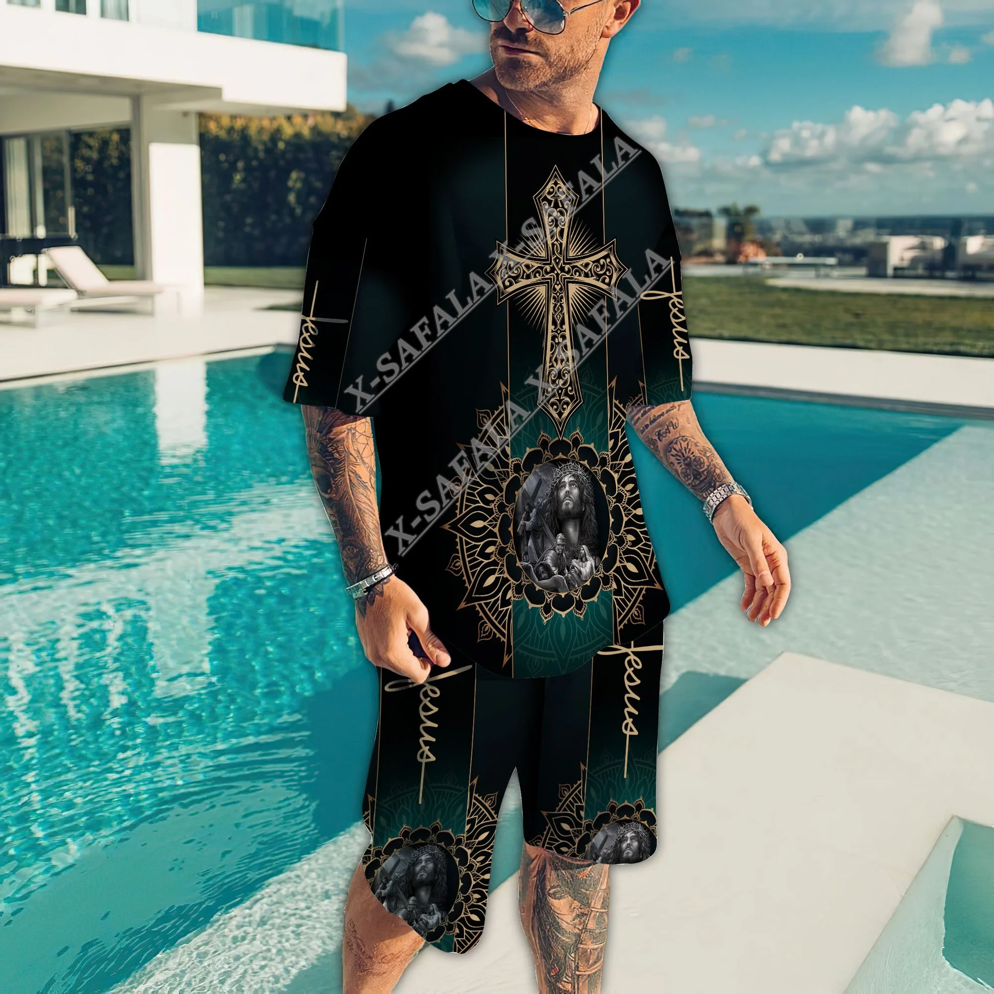 Мужская футболка с принтом Иисуса крест Бог Вера молитвенный Христос короткий