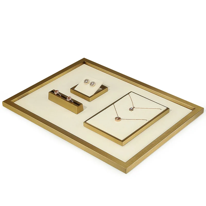 Metal Beige Microfiber Jewelry Display Props Set Necklace Ring Jewelry Storage Display Counter Display