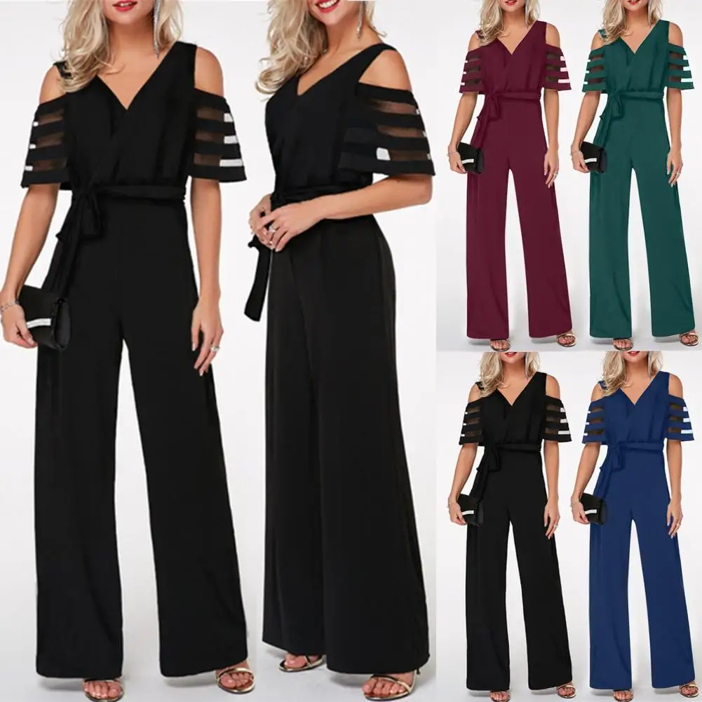 

Summer Streetwear Jumpsuit Patchwork Office Lady Net Yarn Off Shoulder Lace-up Streetwear