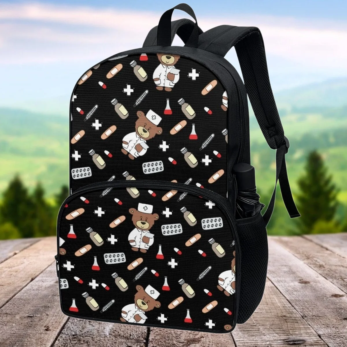 

FORUDESIGNS Cartoon Nurse Bear Medical Backpack Adult Children School Travel Spring Outing Large Capacity Bookbags Computer Bag