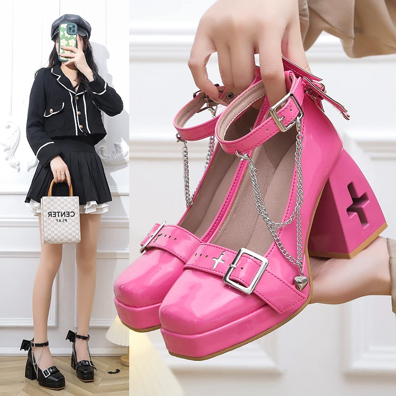 

Женские туфли мэри джейн на платформе, повседневные туфли на высоком каблуке с металлической цепочкой и пряжкой, готические черные панковс...