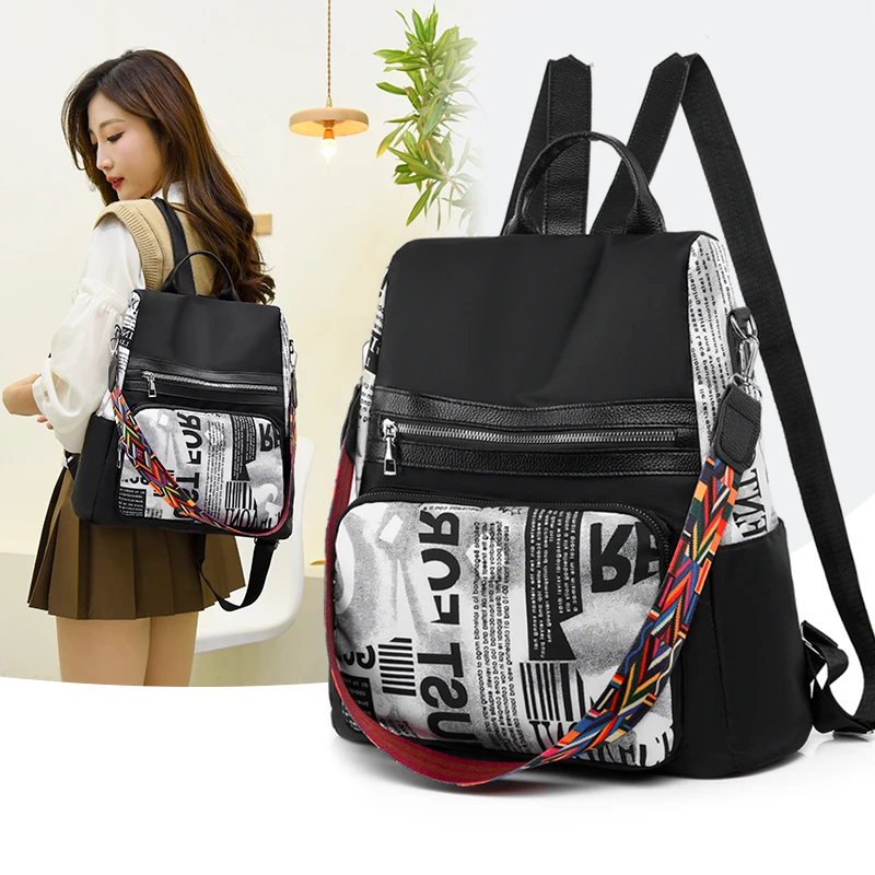 

2022 Oxford Women Backpack Fashion Anti-theft Women Backpacks Newspaper Print School Bag Female Quality Large Capacity Backpack