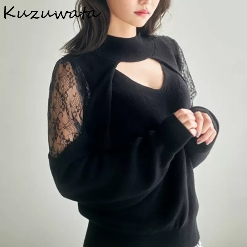 

Kuzuwata Japanese Women Sweaters 2022 Autumn Winter New Knitting Pullover Solid Love Hollow Off Shoulder Lace Stitching Jumpers