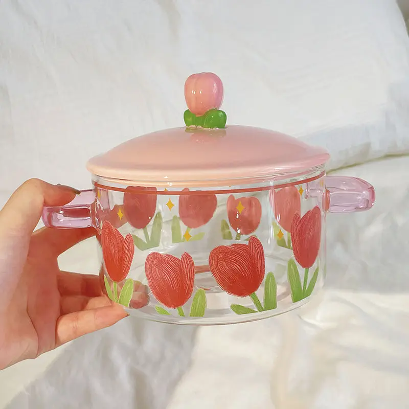 

Tulip Cute Binaural Glass Instant Noodle Bowl Large Capacity Student Dormitory Office Instant Noodle Bowl Soup Bowl with Lid