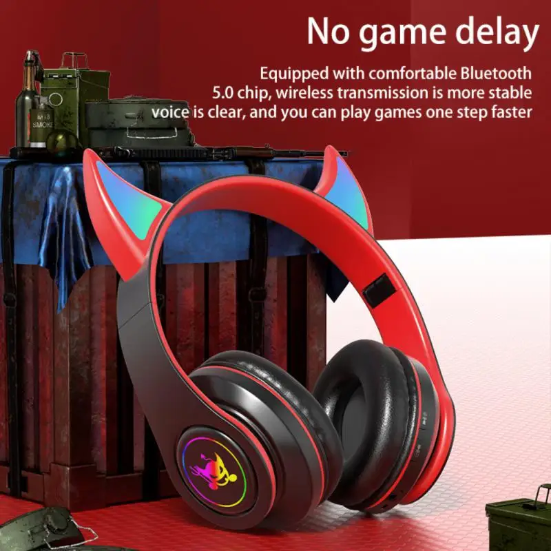 

Long Battery Life Devil Luminous Headphones Support TF Card Super Long Standby Game Earphones Colorful Gradient Light