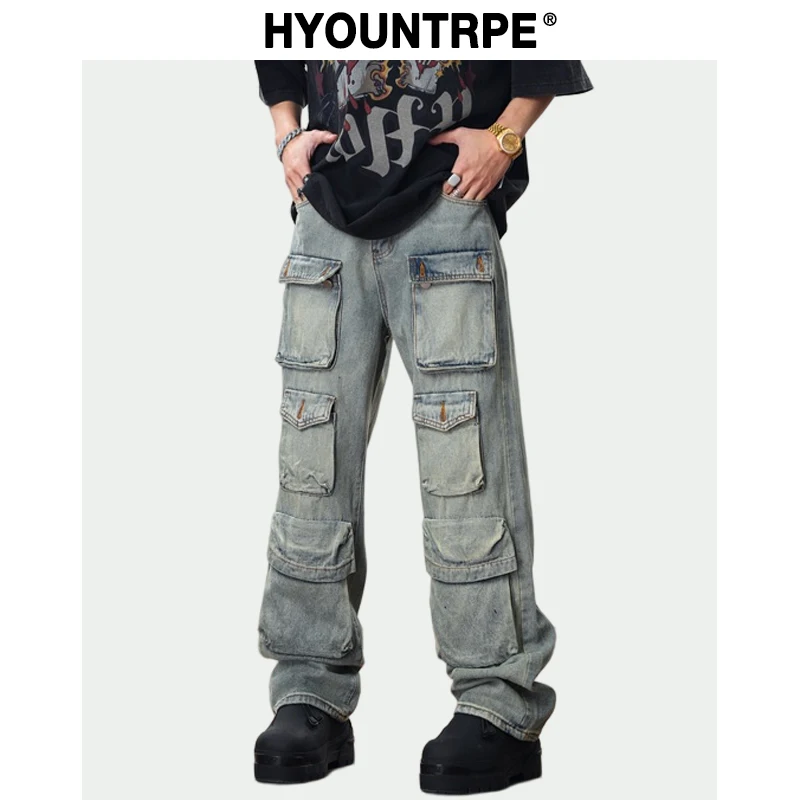 Hip Hop Cargo Denim Pants Streetwear Plain Denim Pants Mens Harajuku Cotton Casual Joggers Jeans Loose Straight Pants Trousers