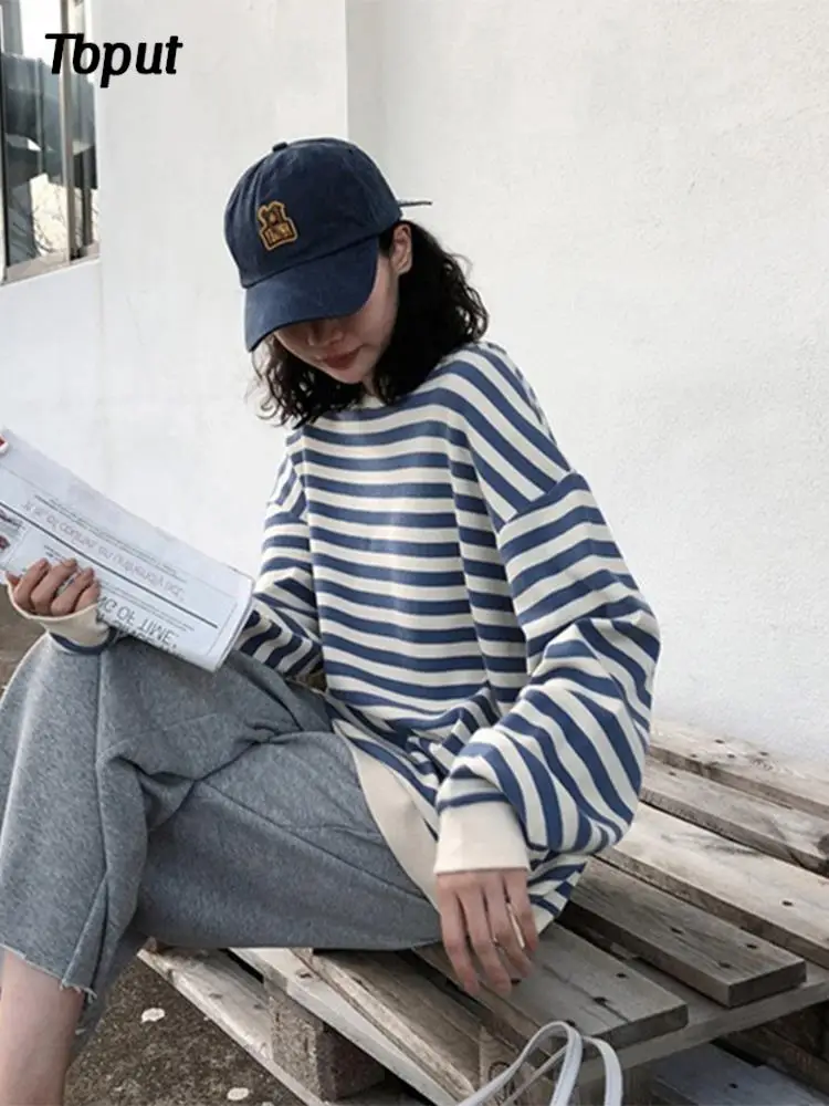 

Women Streetwear O-Neck Striped Tops Female Casual Loose Long Sleeve Clothes Lady Spring Autumn Fashion Pullover Sweatskirt
