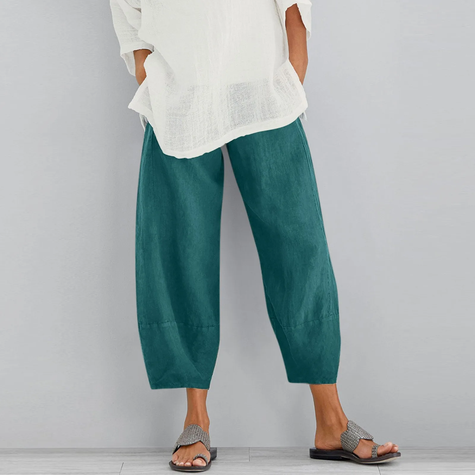 2022 Vintage Summer Linen Pants Women Simple Harajuku Casual Elastic Waist Wide Leg Female Solid Color Loose Trousers