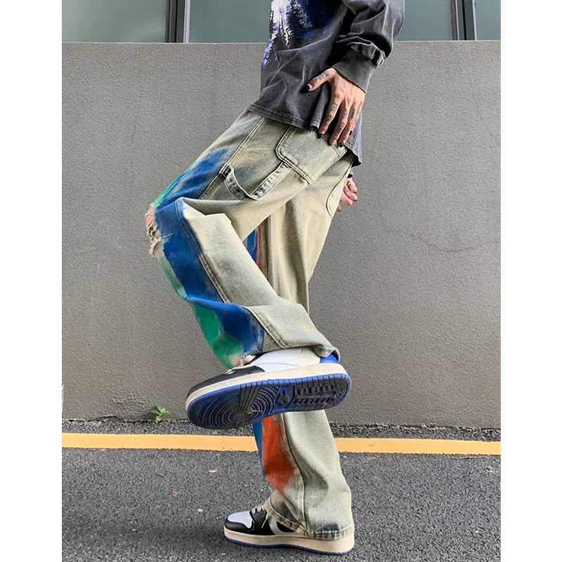Men's Wear 2022 Vintage Casual Ripped  Jeans Yellow Mud Dyed Broad Leg Pants High Street Loose Straight Trousers Autumn Women