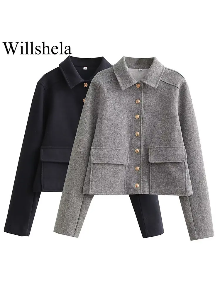 

Willshela Женская мода с карманами однотонные однобортные куртки винтажные Длинные рукава отворот шеи женские шикарные дамские наряды
