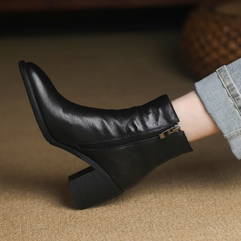 Ботильоны женские на высоком толстом каблуке выразительная обувь из воловьей
