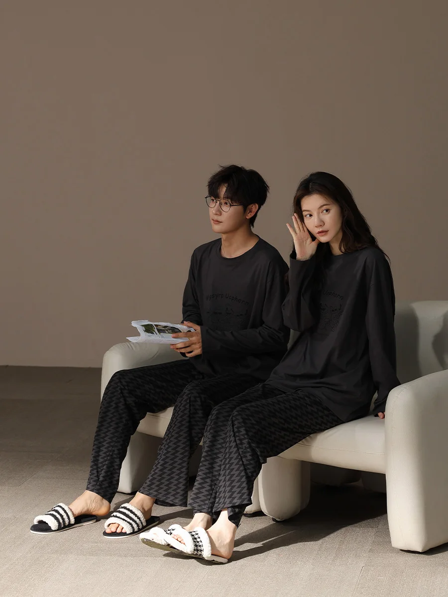 2024 New Couple Pajamas Men's and Women's Spring Autumn Cotton round Neck Long sleeve Trousers Teenagers High-End Home We...