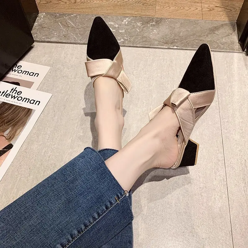 

High-heeled slippers women's outer wear new summer women's thick-heeled toe pointed toe fashion shoes and slippers