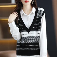 four seasons moze new cashmere sweater vest ladies v neck colorblock 100 pure wool knitting classic fashion loose pullover vest