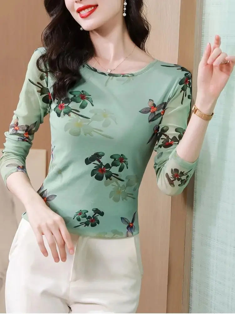 Женская футболка с длинным рукавом элегантная Сетчатая цветочным графическим