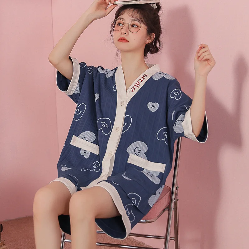 

Summer Pajamas Set For Women Japan Kimono Pyjama Short Sleeve Sleep Clothes For Young Girls Kawaii Nightwear Cute Bear Homesuit