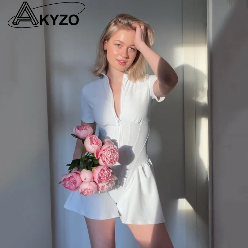 

Женский Короткий комбинезон на молнии, с круглым вырезом и коротким рукавом