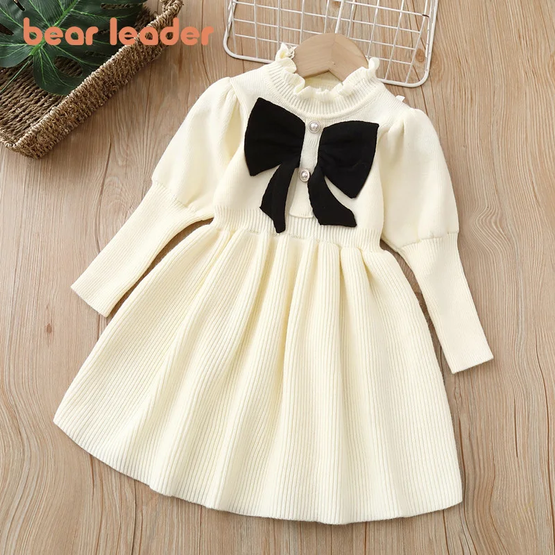 Bear Leader Baby Girls Dresses Autumn Winter Kids Knitted Long Sleeve Dress Bow Fashion Princess Dress Party Clothes Vestidos