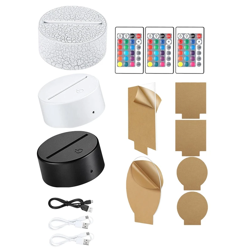 

3 Pack 3D Night LED Light Lamp Base Kit Adjustable 16 Colors 4 Modes For Child Room Bar Acrylic Boards A