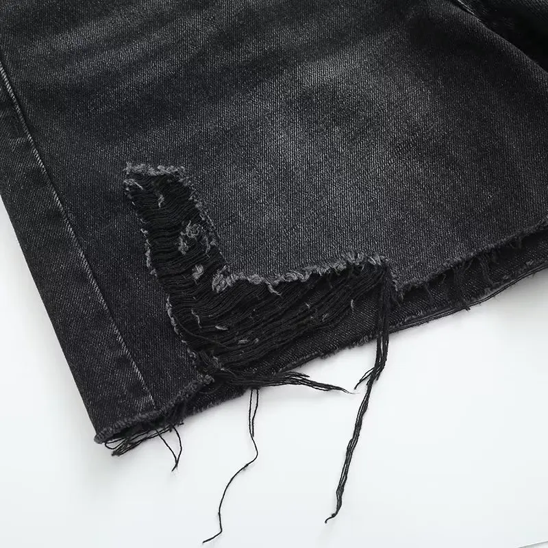 Jenny&Dave American Retro High Street Summer Mom Shorts Washed Hole Solid Color Denim Shorts