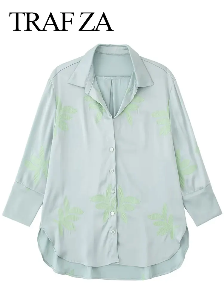 

Женская свободная рубашка-Блуза с вышивкой, однобортная, голубая