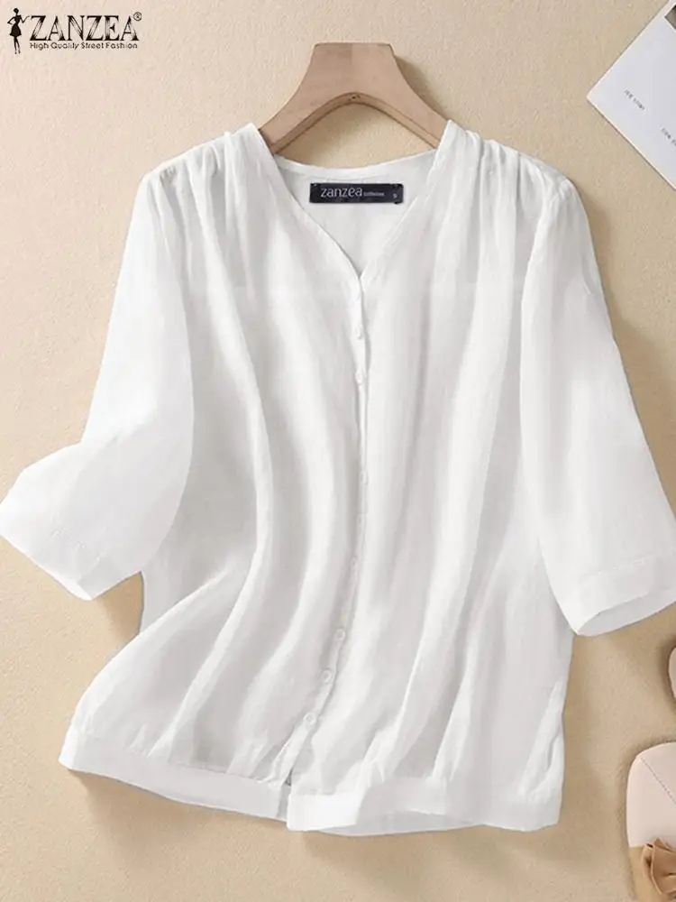 

ZANZEA Daily 3/4 Sleeve White Blouses V-neck Solid Casual Loose Summer Cotton Tops Buttons Lightweight 2023 New Women Blusas