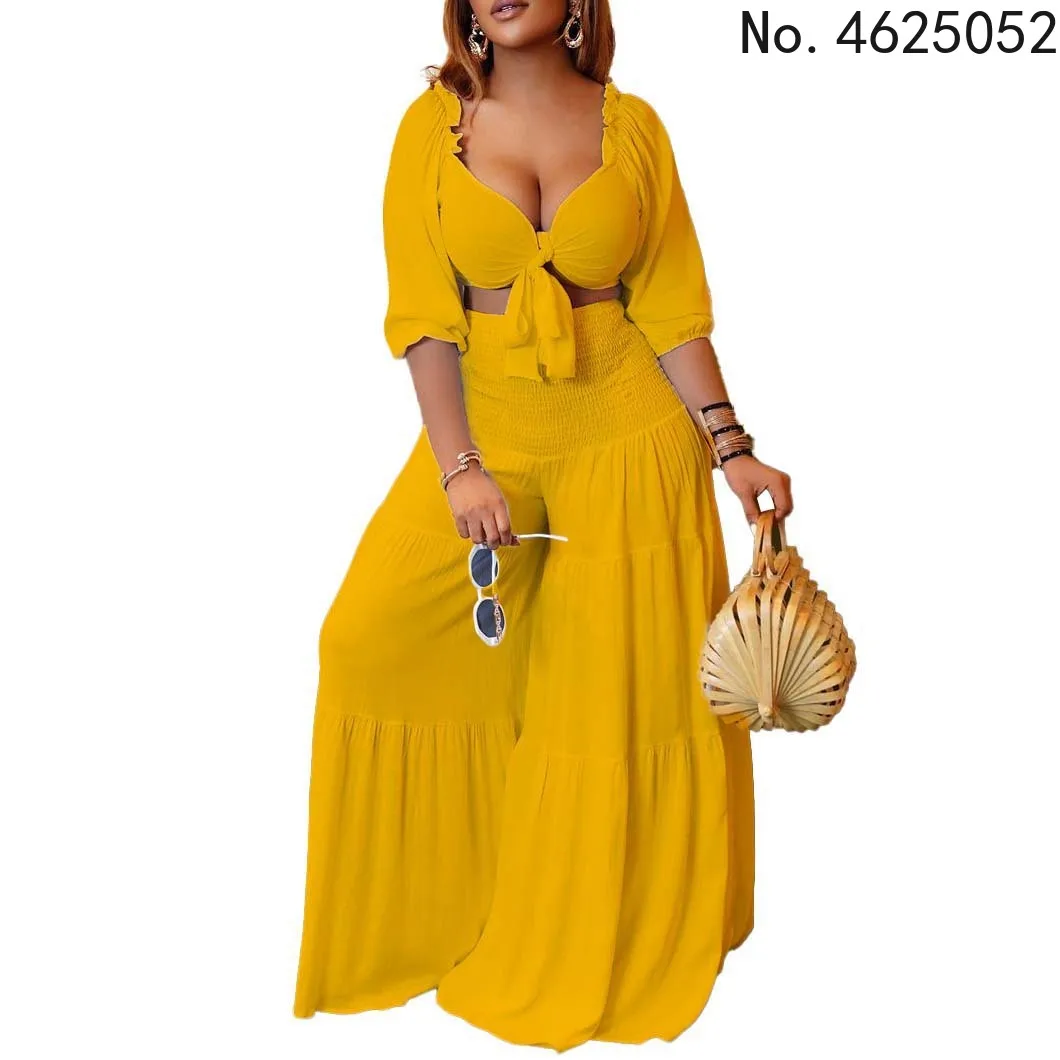 

Женский комплект из 2 предметов, повседневный укороченный топ на бретельках и брюки с высокой талией, модный пляжный стиль, Африканский наря...