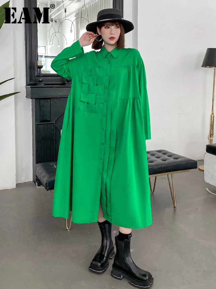 

[EAM] Women Green Pleated Big Size Long Shirt Dress New Lapel Long Sleeve Loose Fit Fashion Tide Spring Autumn 2023 1DF0679