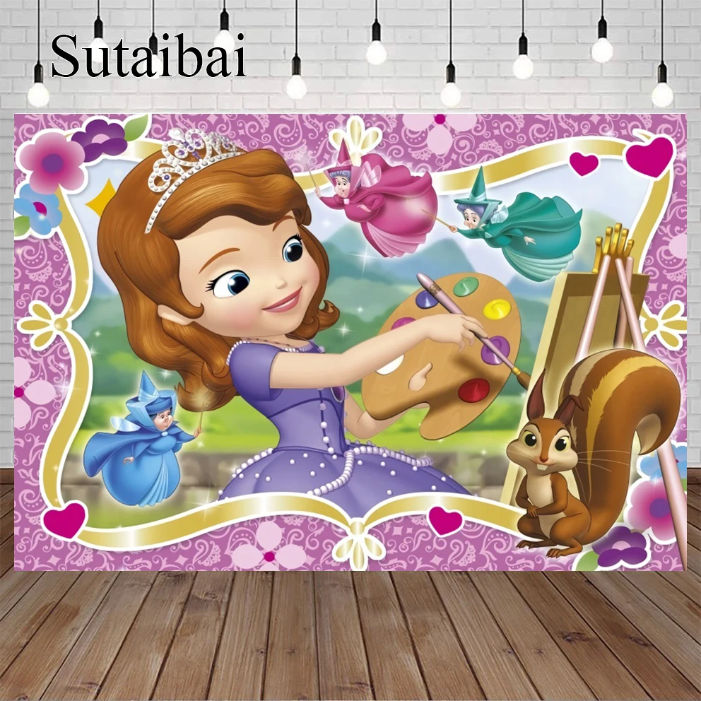 

Disney Princess Sofia Painting Squirrel Purple Background Girls Birthday Party Baby Shower Photocall Prop Banner Decor Backdrop