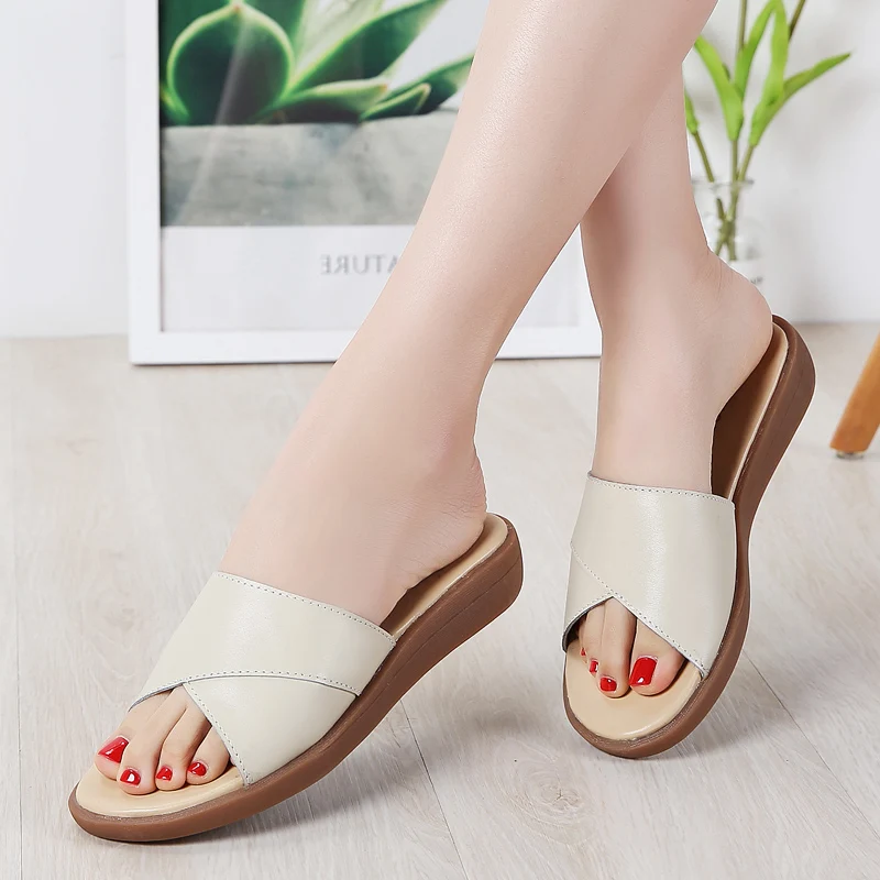 

2023 Summer Women Leather Slippers Outdoor Flat Wedge Beach Sandals Fashion Casual Comfort Shoes Non-slip Ladies Paltform Slides