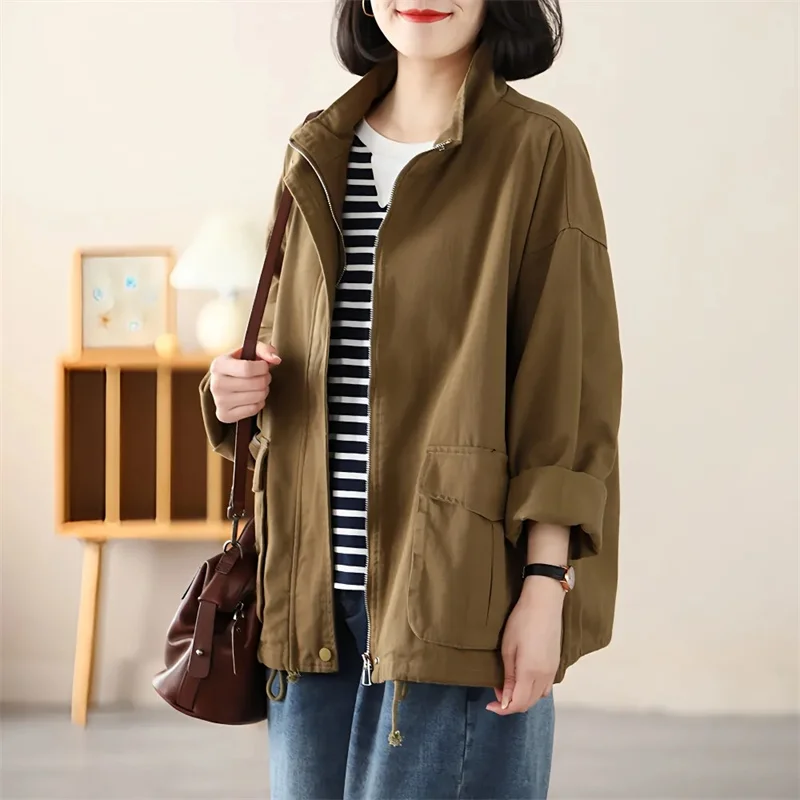 

Cotton Premium Casual Coat Women's Jackets Spring Autumn 2023 New Relaxed Literature Korean Jacket Femme Zip Pocket Basic Coat