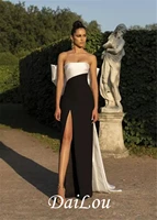 simply black and white evening dress straight floor length sexy split long formal occasion dresses back bow prom party gown