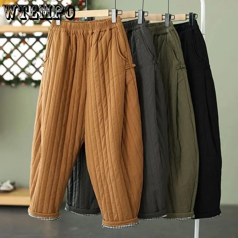 

WTEMPO Thickened Trousers for Women Wearing Vintage Down Cotton Trousers with Elastic Waist Loose Casual Warm Pants In Winter
